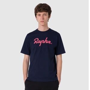 Rapha Men's Logo T-Shirt Blue with Pink Logo Size L Short Sleeve Crew Neck
